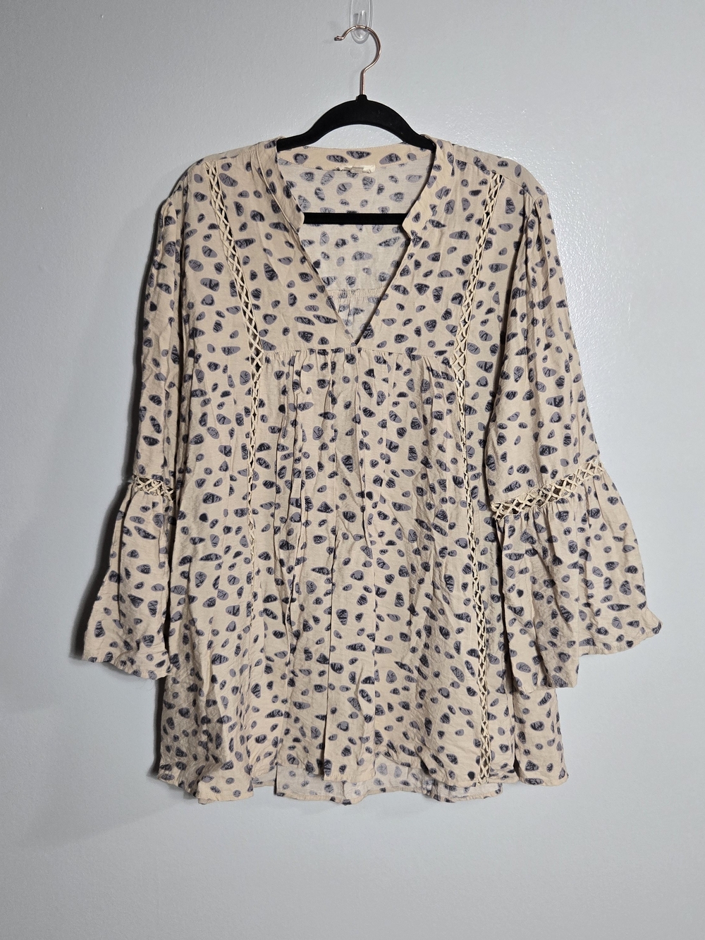 ODDY Boho Cream Spotted Lace Trim V-Neck Bell Sleeve Tunic Blouse Top Size 2XL